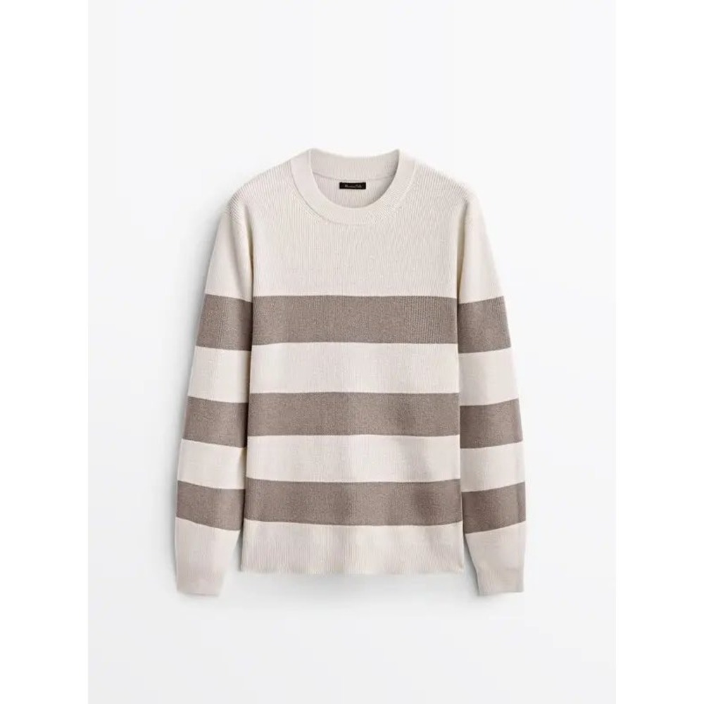 Massimo Dutti Mens Cotton Wool Striped Crew Neck Sweater Cream Taupe Size M NEW